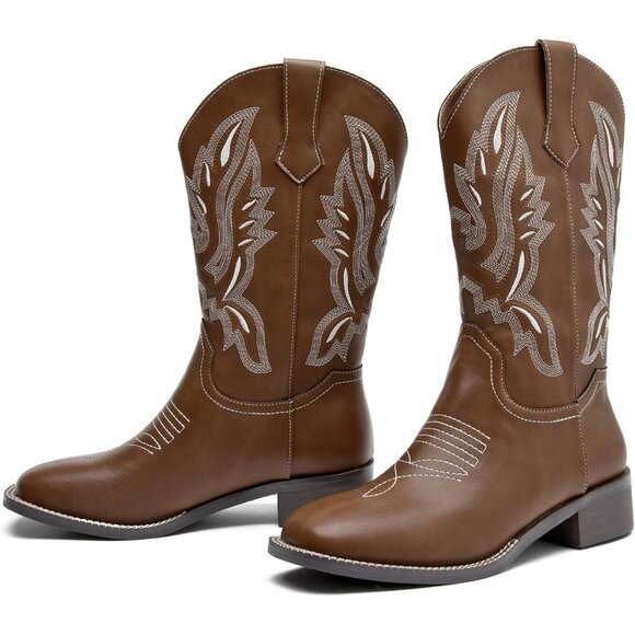 kkdom Cowboy Boots Women Brown Square Toe Western Cowgirl Mid Calf Shoes - Picture 6 of 8